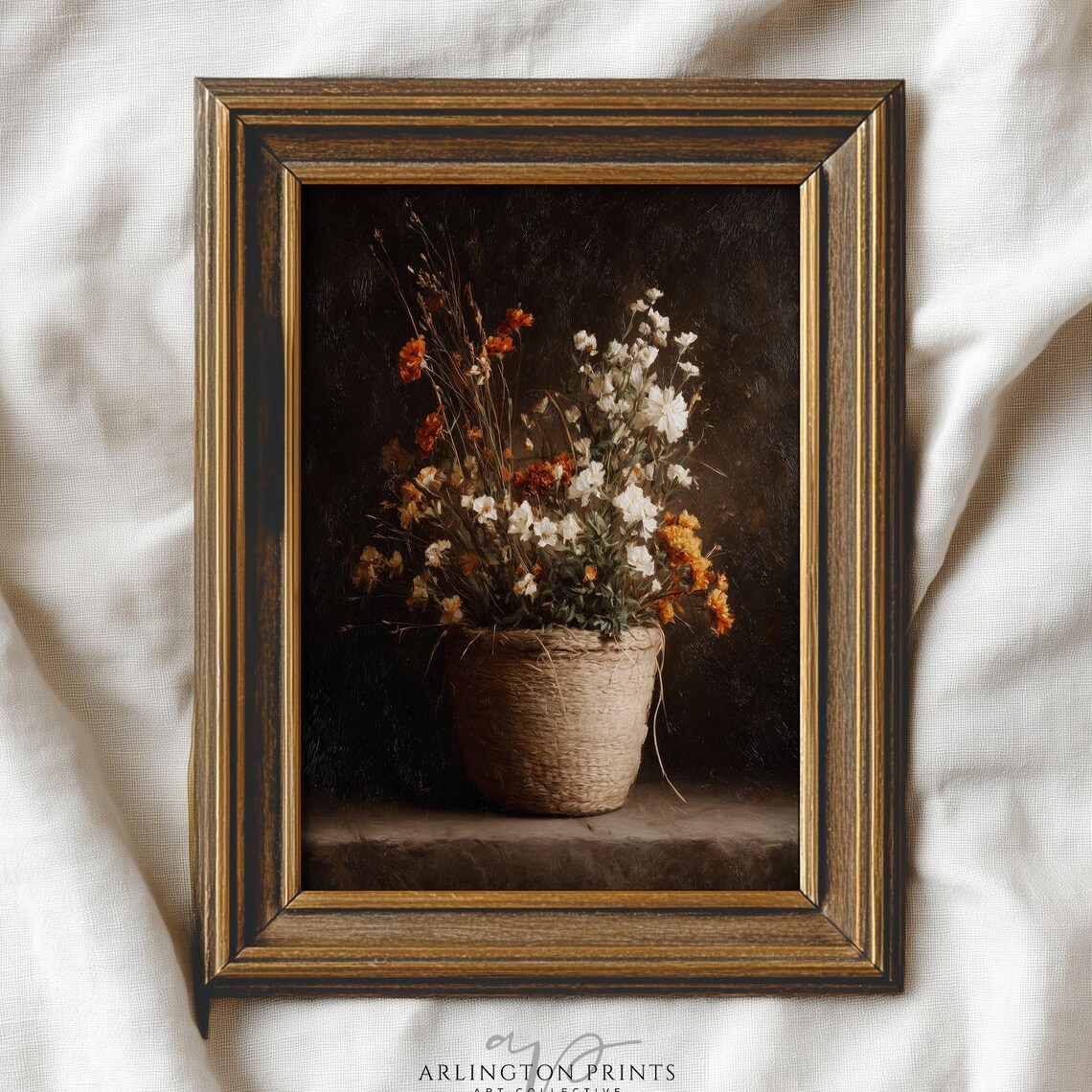 Moody Vintage Floral Basket Wildflowers Dark Still Life Poster