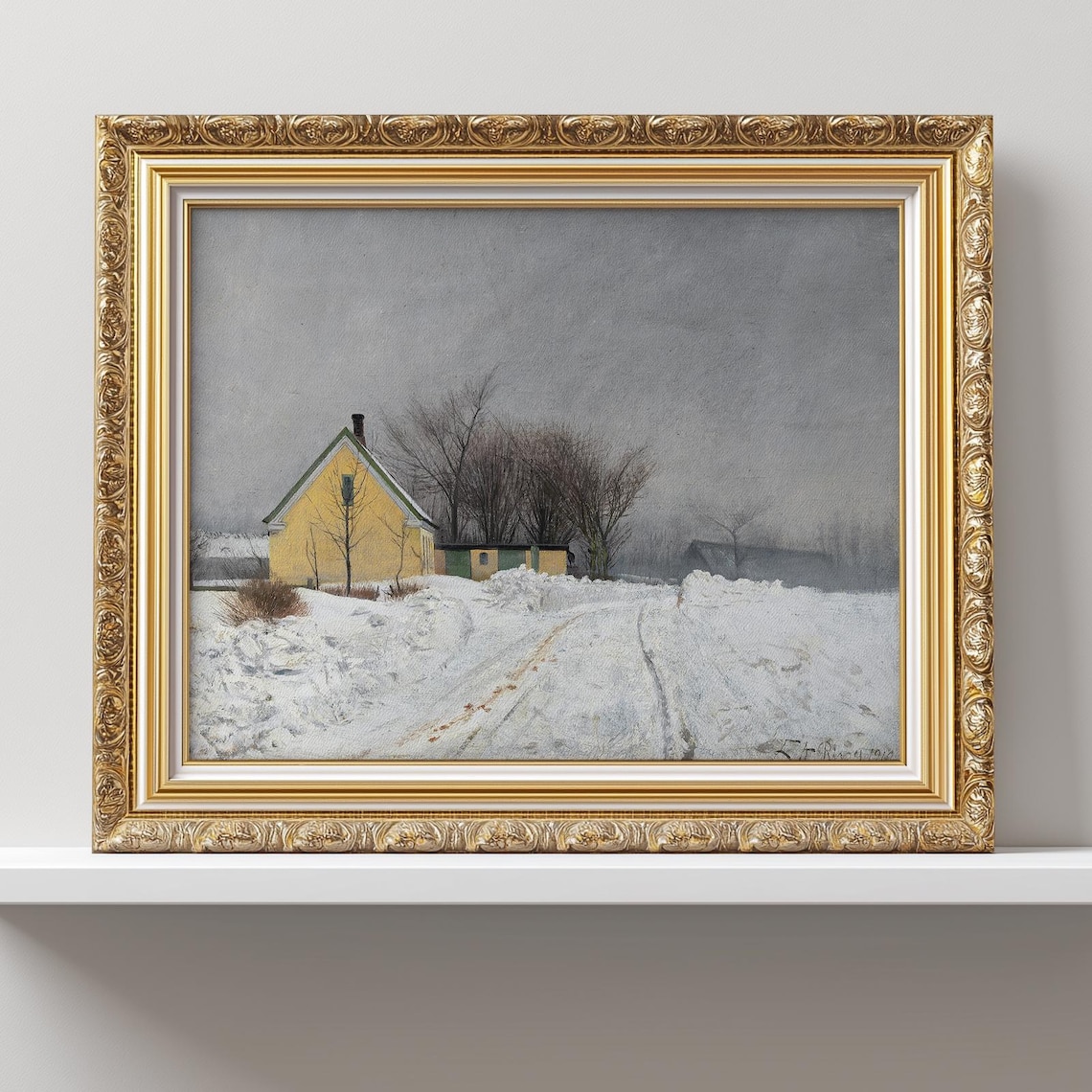 Snowy Winter Farmhouse Muted Landscape Vintage Christmas Poster
