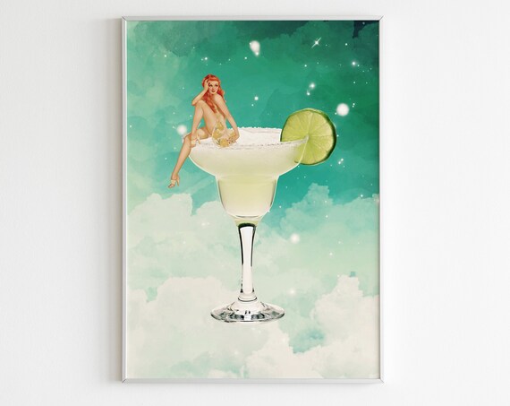 Margarita Glass Pin-Up Woman Teal Starry Sky Bar Cart Poster