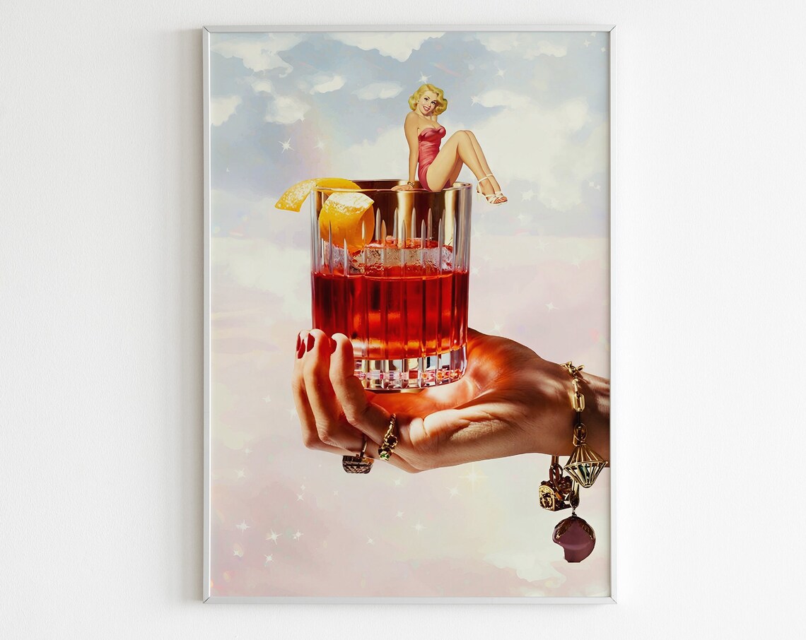Negroni Cocktail Bejeweled Hand Retro Pin-Up Bar Cart Poster