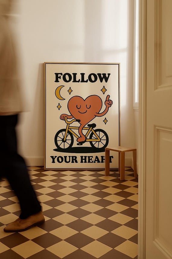 Adventure Bike Art Print Follow Your Heart Poster Retro Cycling Decor Inspirational