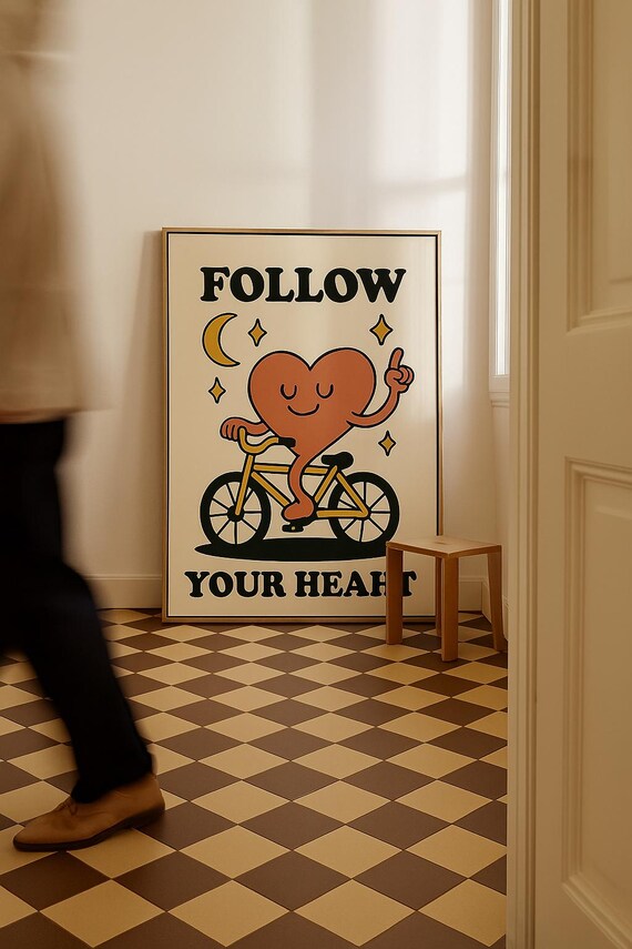 Follow Your Heart Retro Heart on Bicycle Inspirational Poster