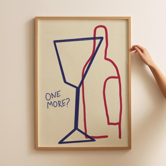 One More Cocktail Glass And Bottle Minimal Line Art Bar Poster