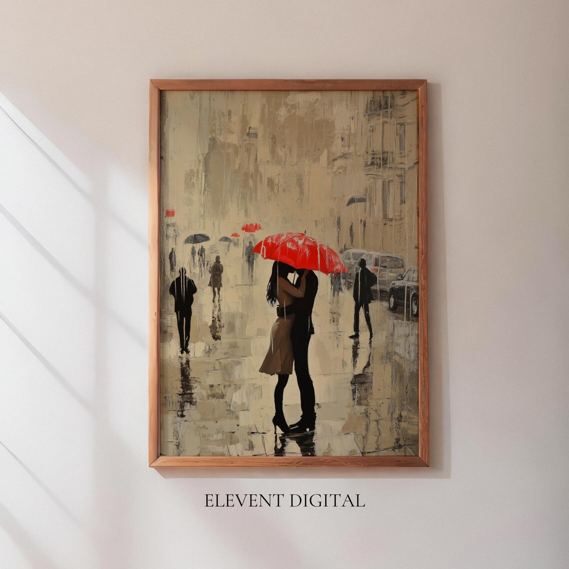 Romantic Kiss Under Red Umbrella Rainy Street Painting Wall Art
