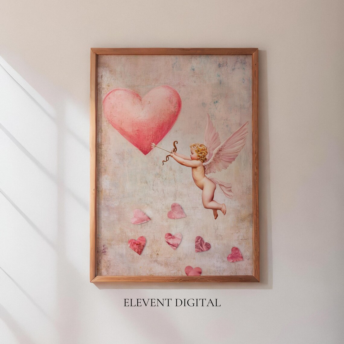 Vintage Cupid Angel Holding Heart Balloon Romantic Pink Wall Art