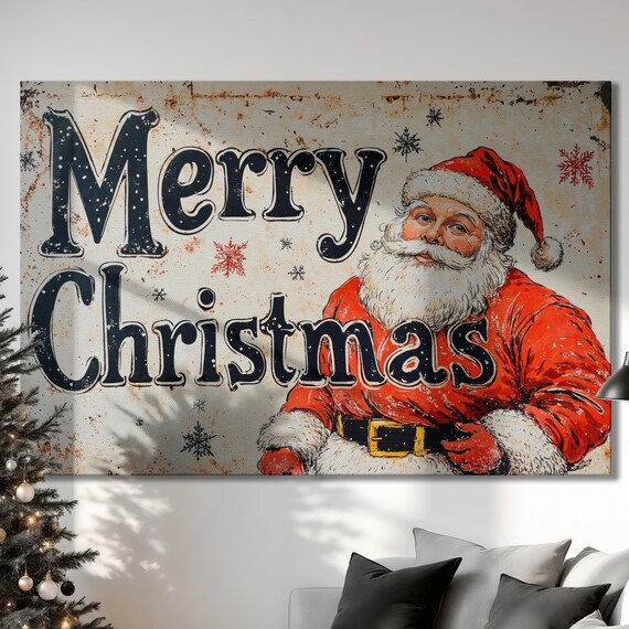 Vintage Merry Christmas Sign Santa Claus Distressed Holiday Poster