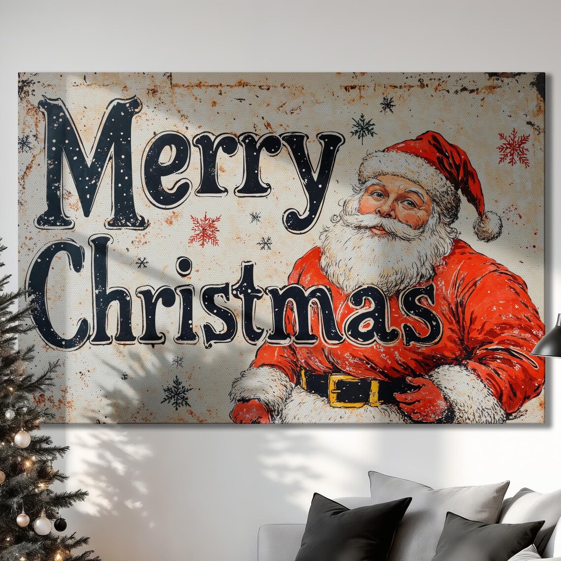 Vintage Festive Santa Claus Canvas Wall Art Winter Holiday Painting Print Farmhouse Xmas Decor Merry Christmas Poster Ready To Hang Gift