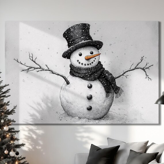 Black and White Snowman Sketch Orange Nose Winter Christmas Poster
