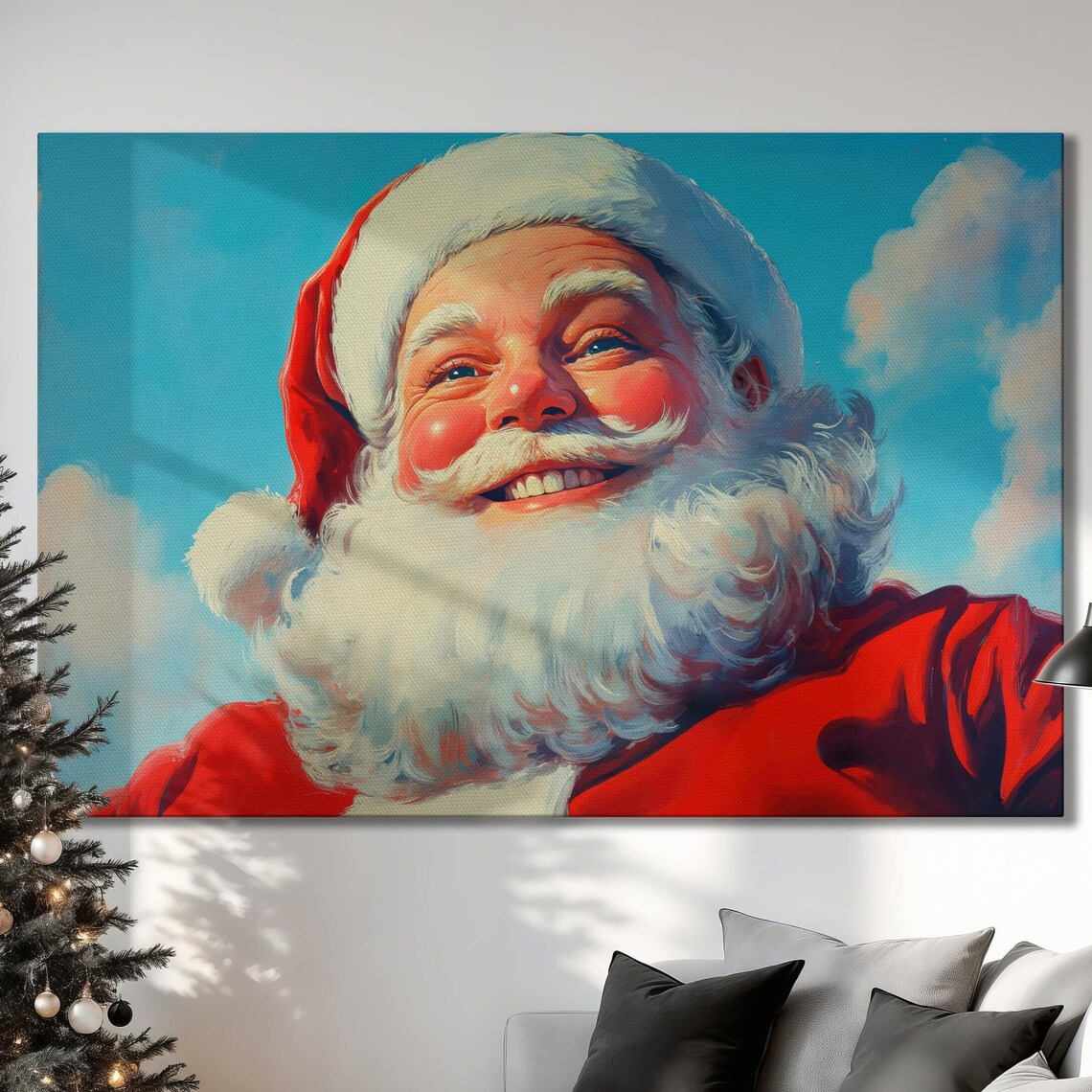 Jolly Laughing Santa Claus Close Up Portrait Against Blue Sky Poster