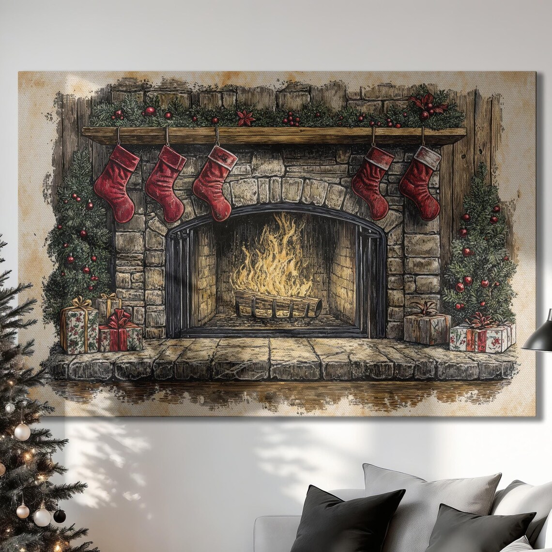 Cozy Stone Fireplace With Stockings And Gifts Christmas Art Poster