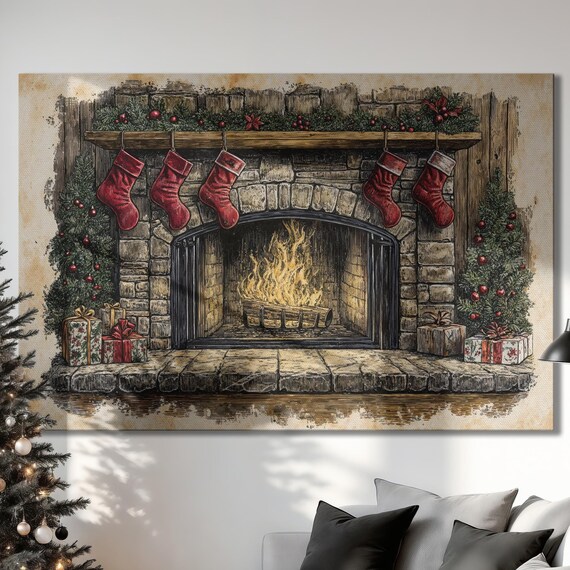 Cozy Stone Fireplace With Stockings And Gifts Christmas Art Poster