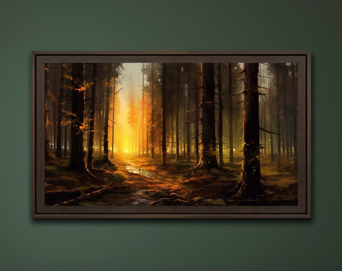 Amber Forest Sunbeam Path Through Tall Trees Golden Light Art Poster