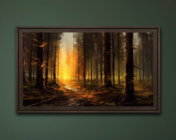 Forest Painting Art Print Rustic Amber Gold Nature Scene