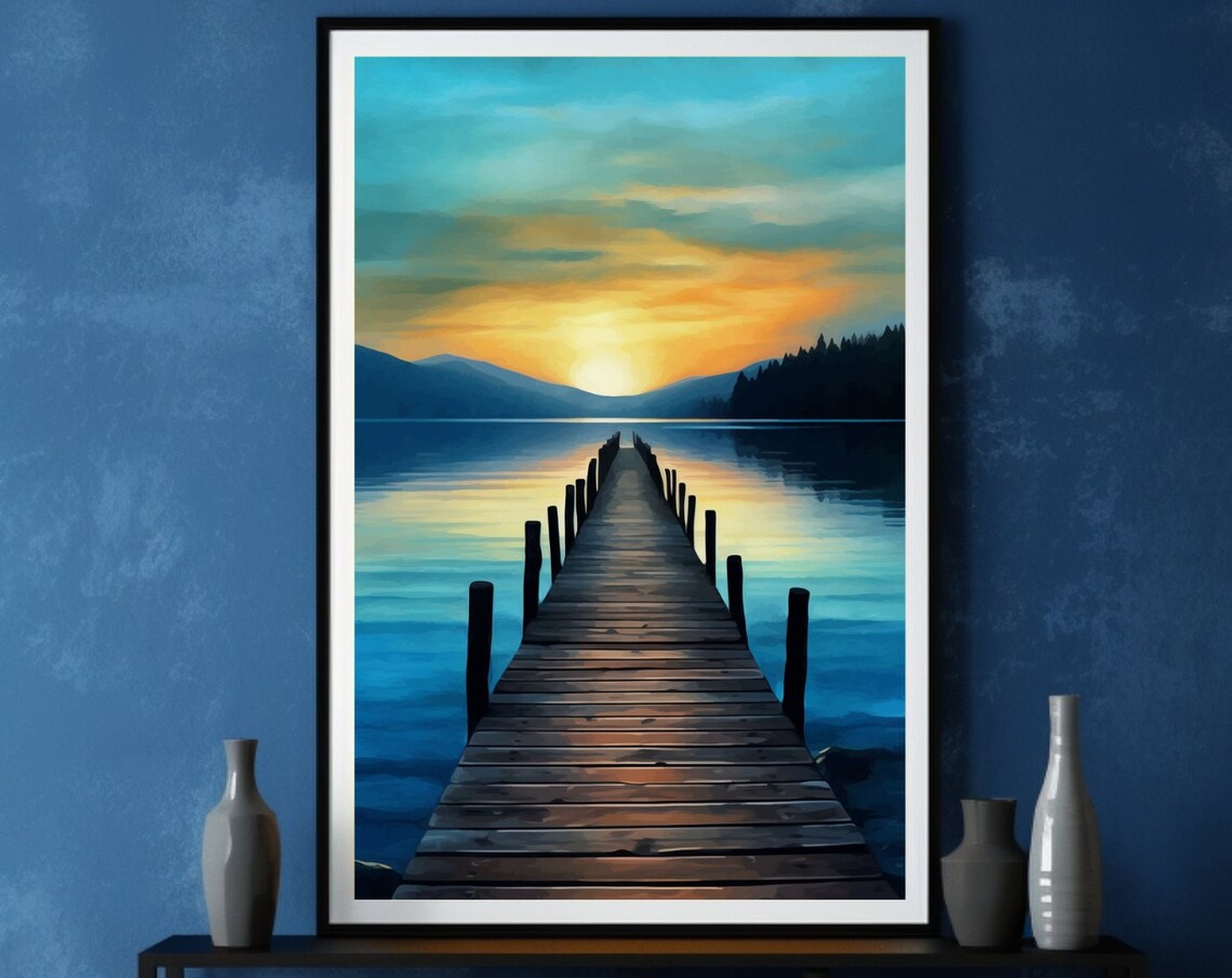 Sunrise Wooden Pier Calm Lake Minimalist Morning Landscape Poster