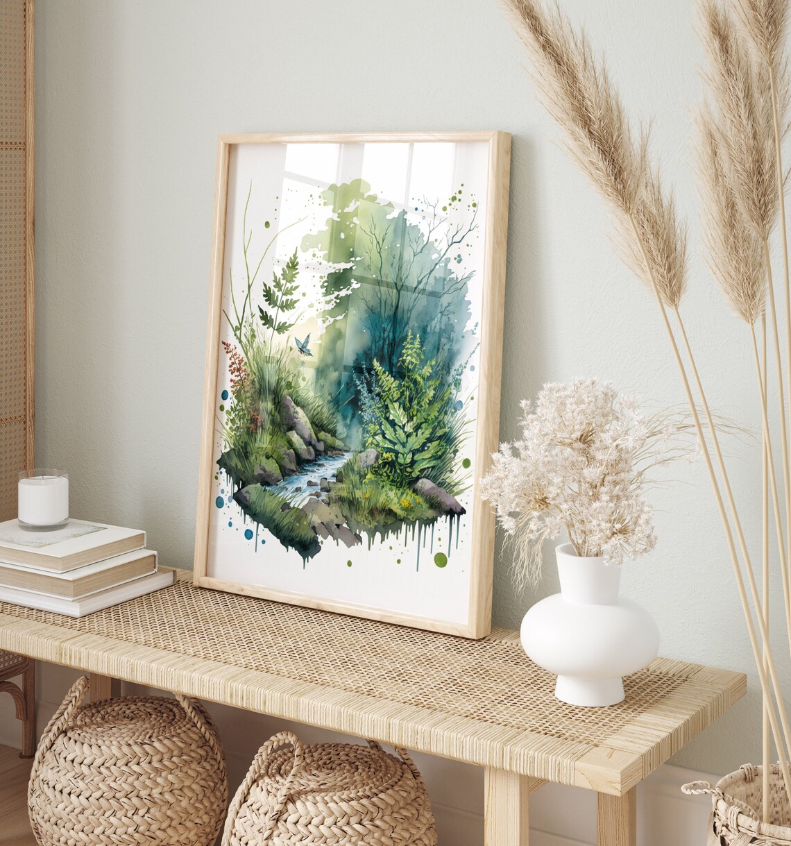 Green Forest Stream Rocks Watercolor Lush Nature Trail Art Print - Image 2