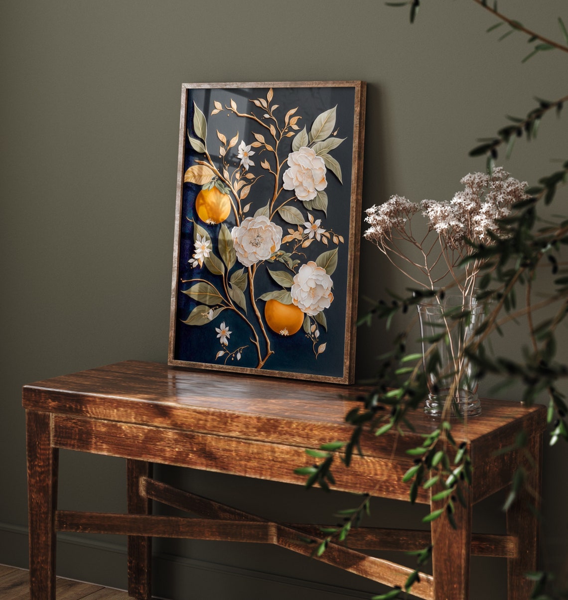 Orange Blossom Dark Botanical Gold Branch Elegant Floral Art Print - Image 4