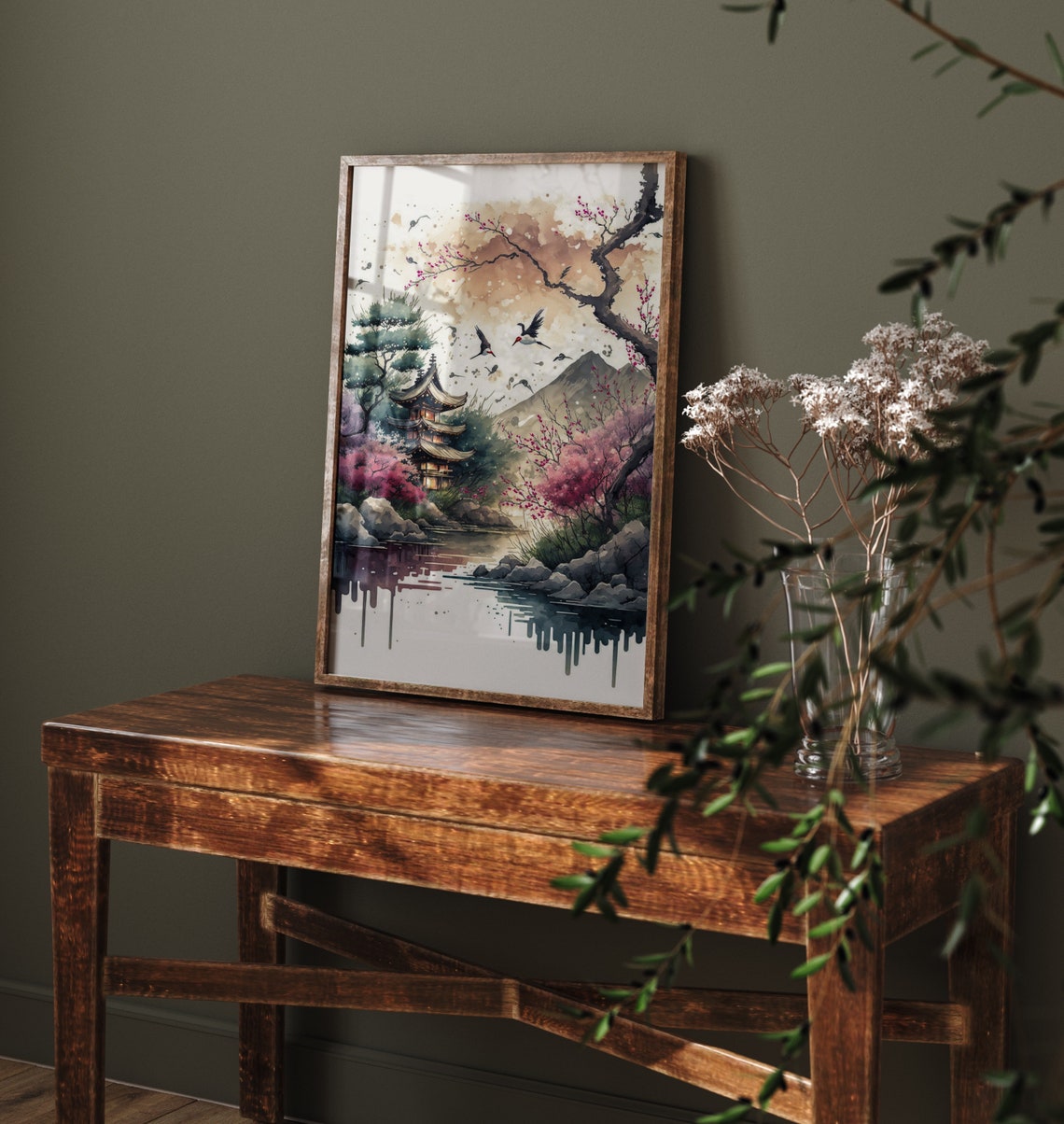 Japanese Pagoda Cherry Blossom Cranes Flying Over Water Poster - Image 2