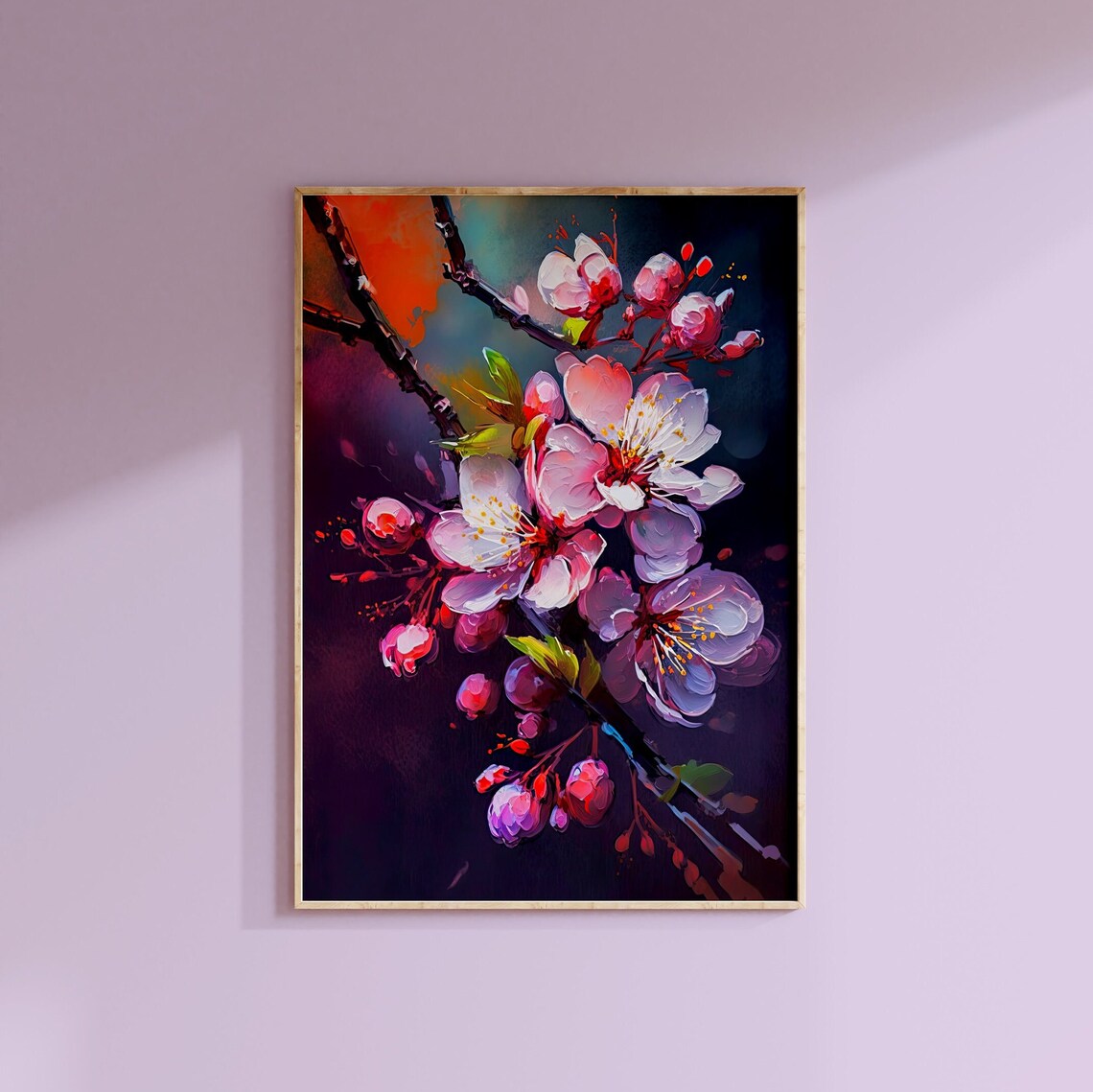 Cherry Blossom Close Up Dark Moody Background Oil Painting Poster - Image 3
