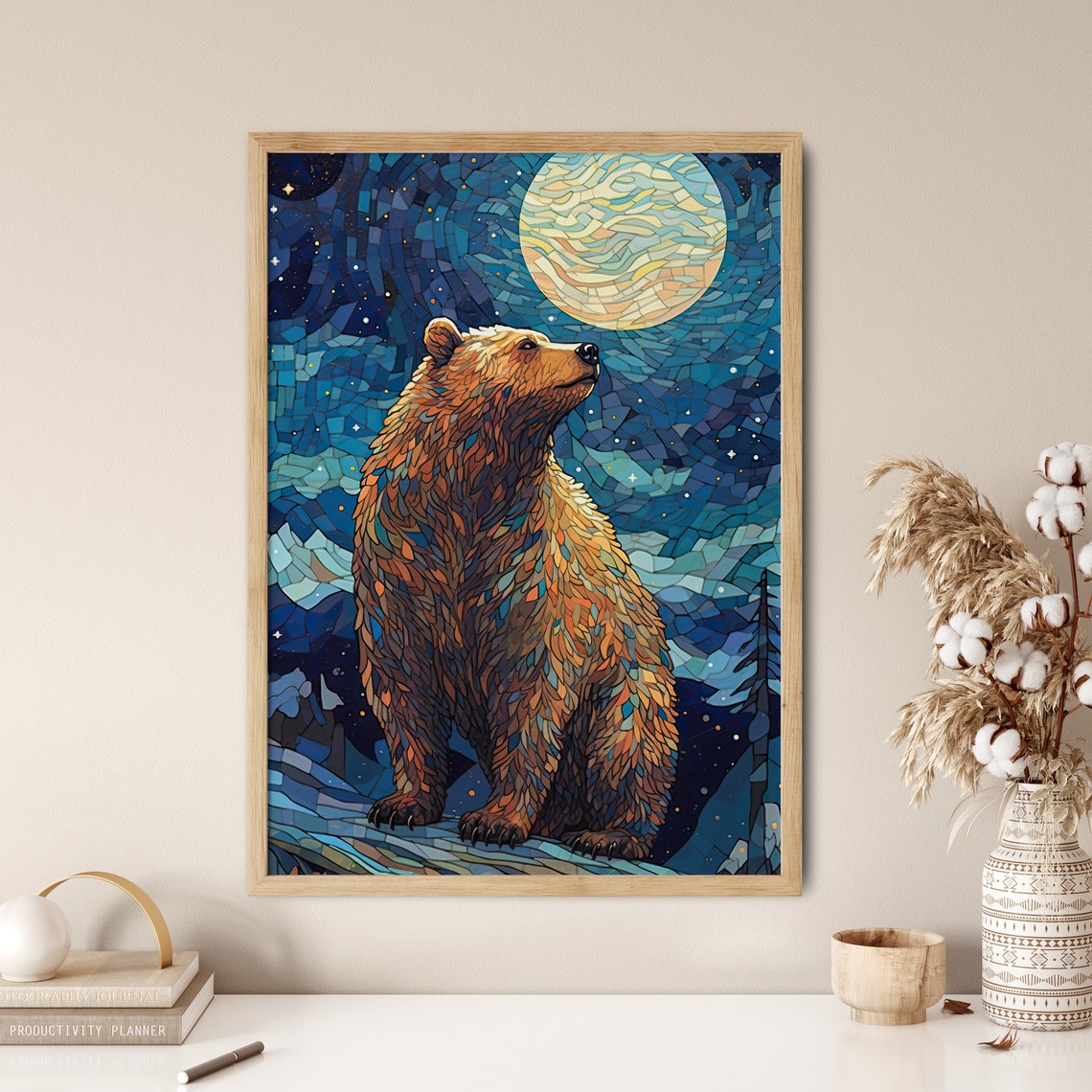 Golden Bear Gazing At Full Moon Blue Mosaic Starry Night Poster - Image 5