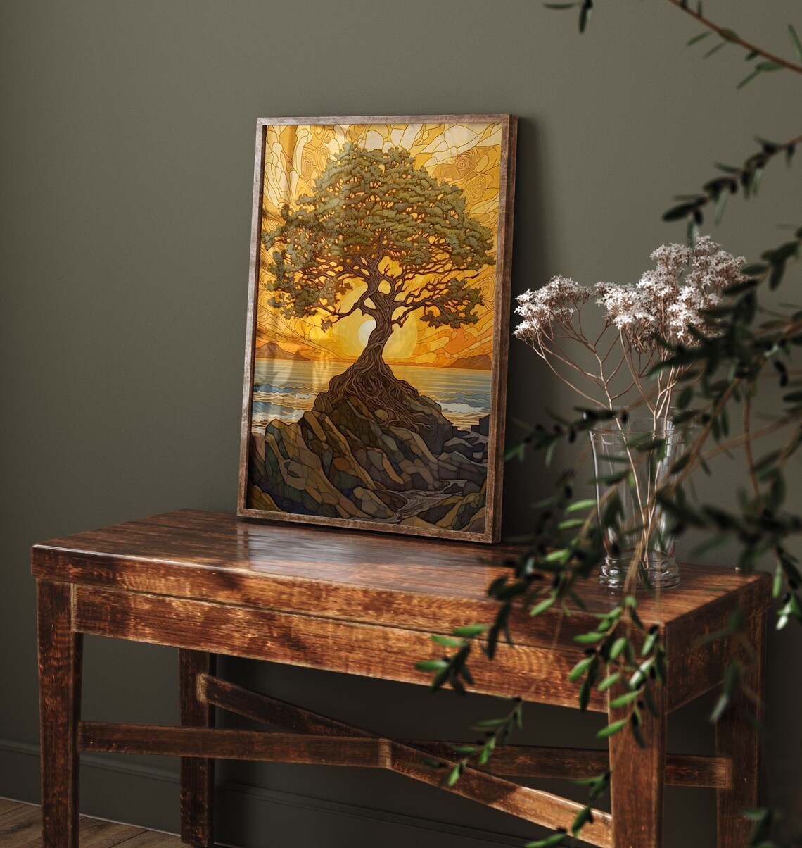 Art Nouveau Tree Golden Sunset Coastal Rocks Ocean View Poster - Image 4