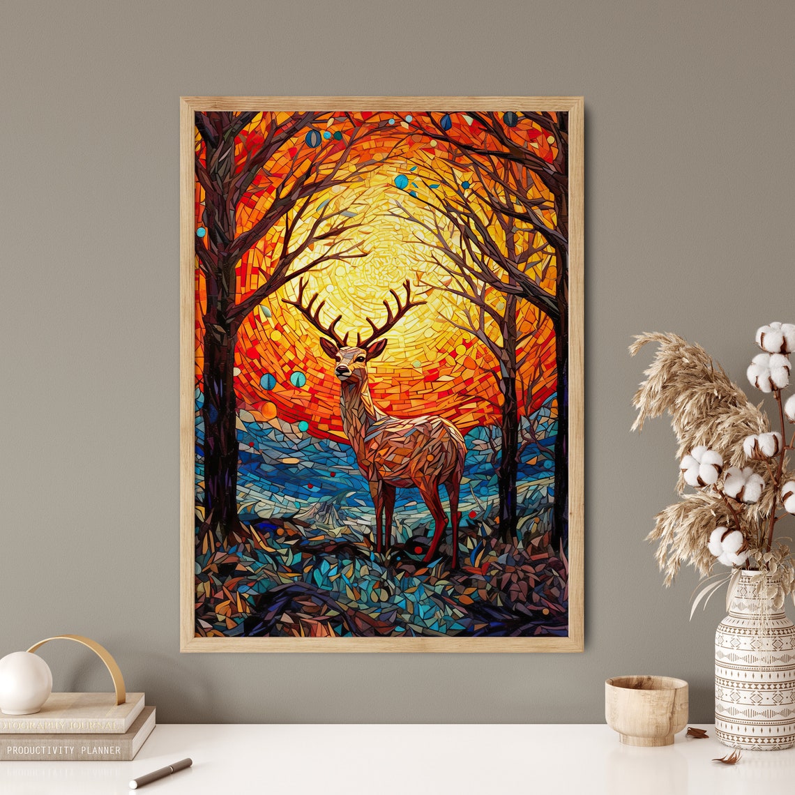 Mosaic Stag Deer Under Fiery Sunset Arch Of Trees Art Poster - Image 5