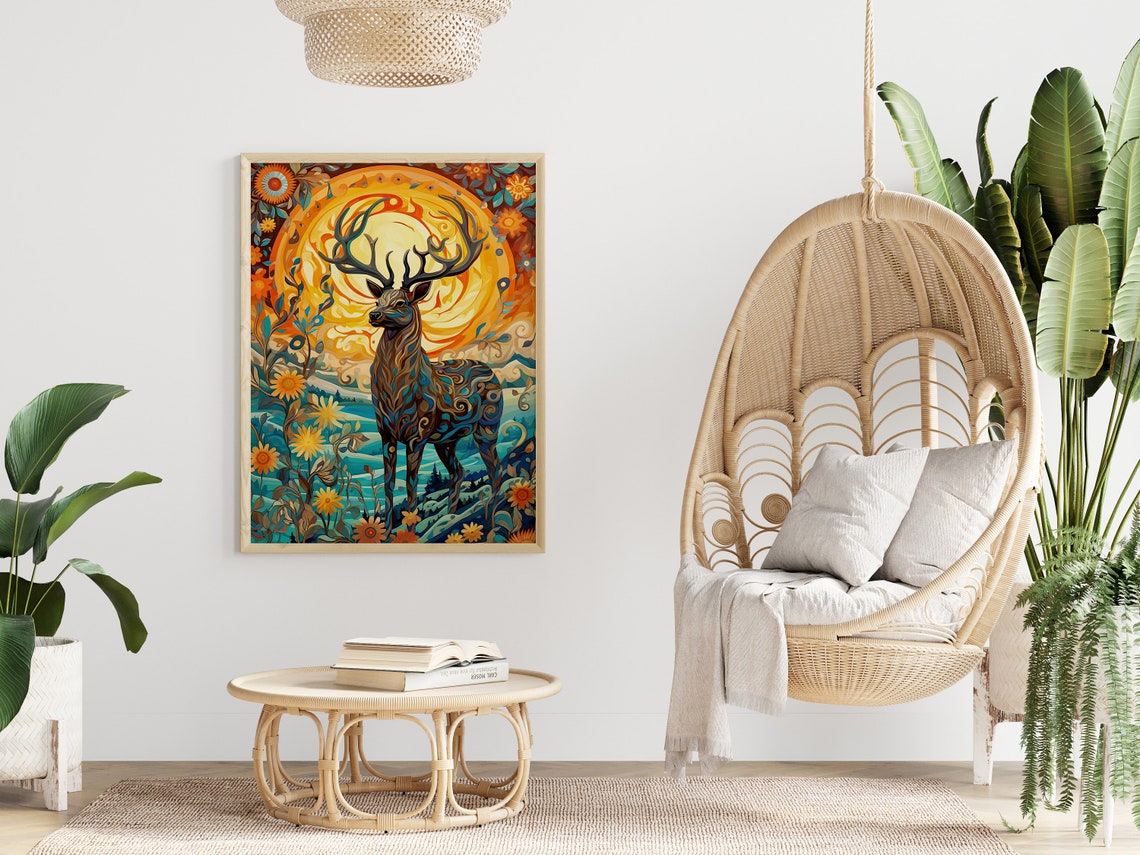 Psychedelic Stag Deer Orange Sun Floral Abstract Art Style Poster - Image 4