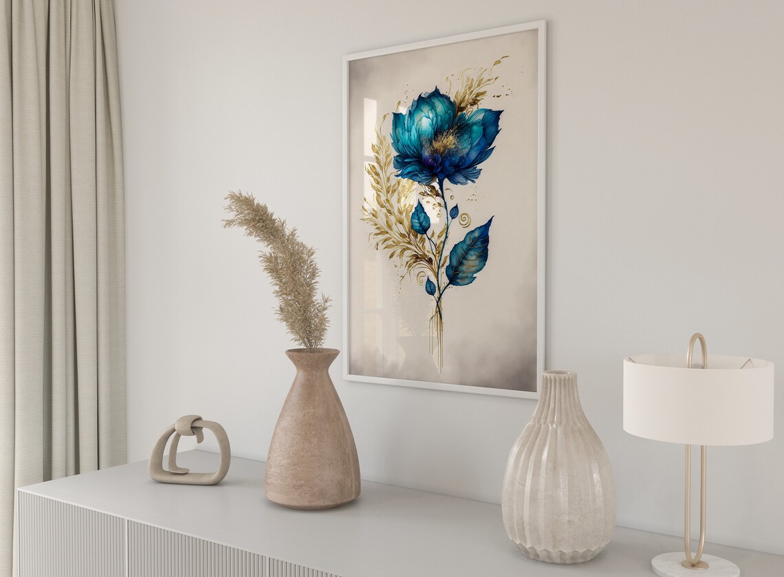 Teal Blue Watercolor Flower With Gold Botanical Swirls Poster - Image 5