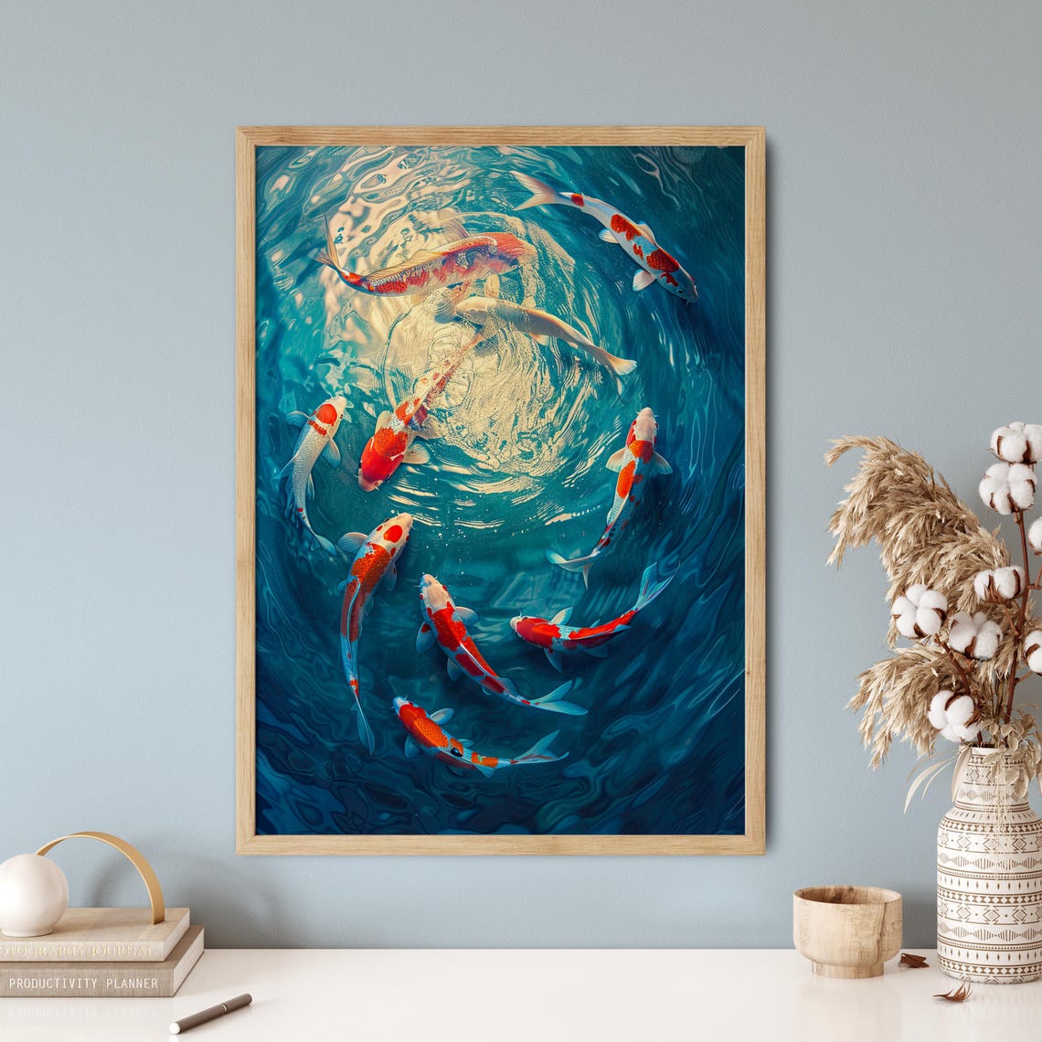 Red White Koi Fish Circling Blue Pond Water Top View Art Poster - Image 5
