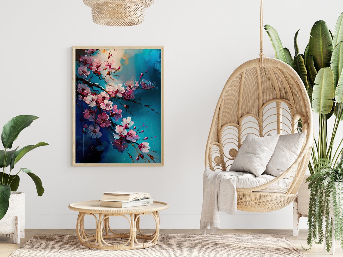 Cherry Blossom Branch Pink Sakura Blue Abstract Floral Art Print - Image 4