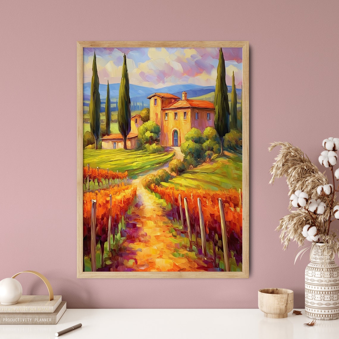 Vibrant Tuscan Villa Cypress Orange Vineyard Oil Style Art Print - Image 5