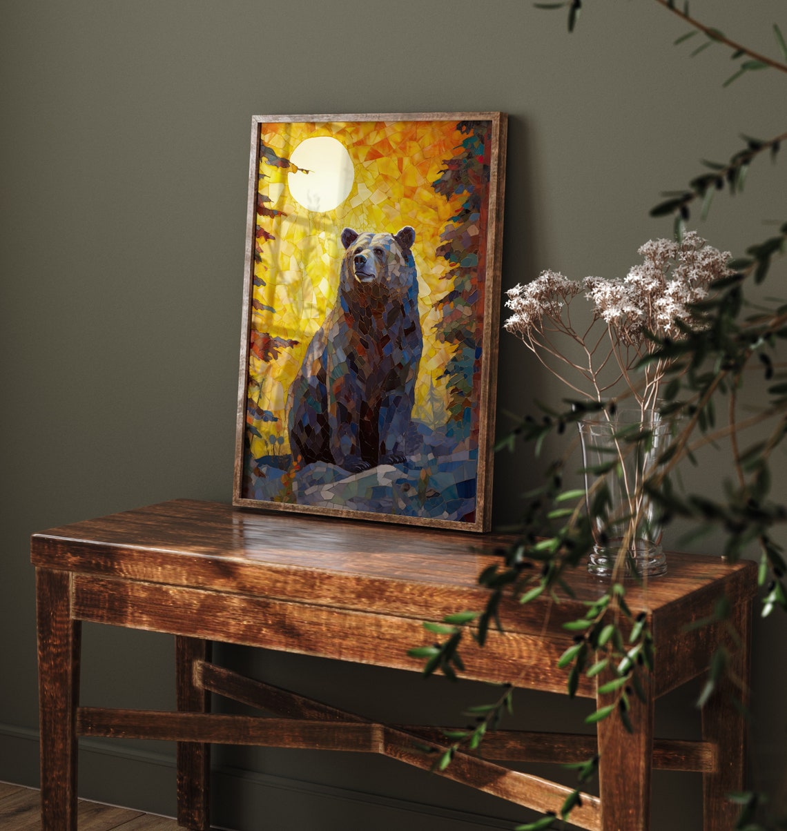 Mosaic Bear Sunset Moonlight Forest Wildlife Art Decor Poster - Image 4