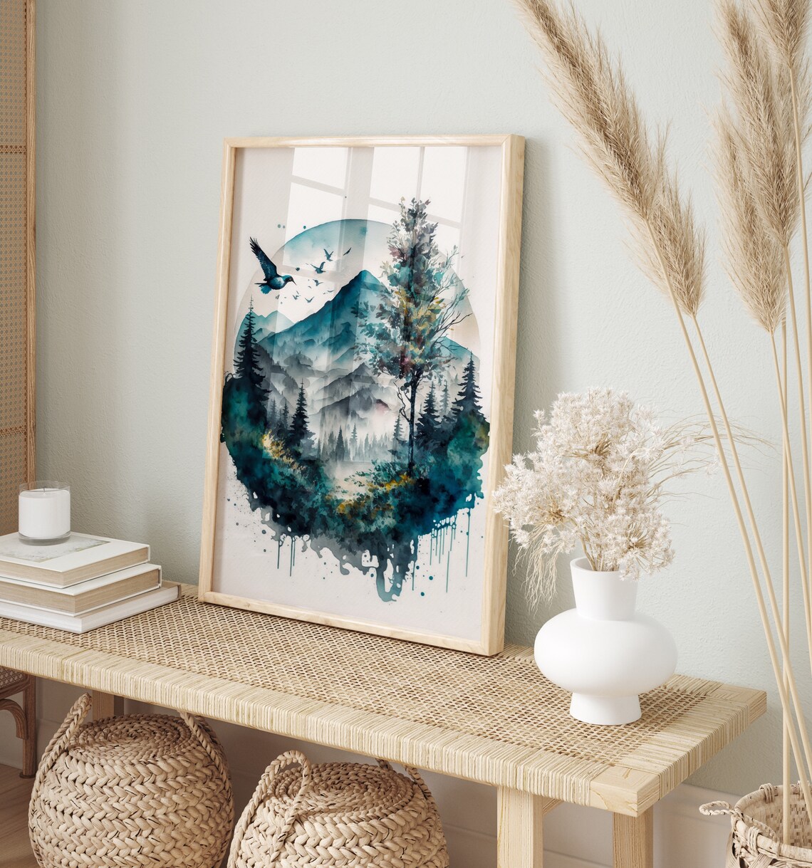 Circular Mountain Landscape Birds Teal Watercolor Art Poster - Image 4