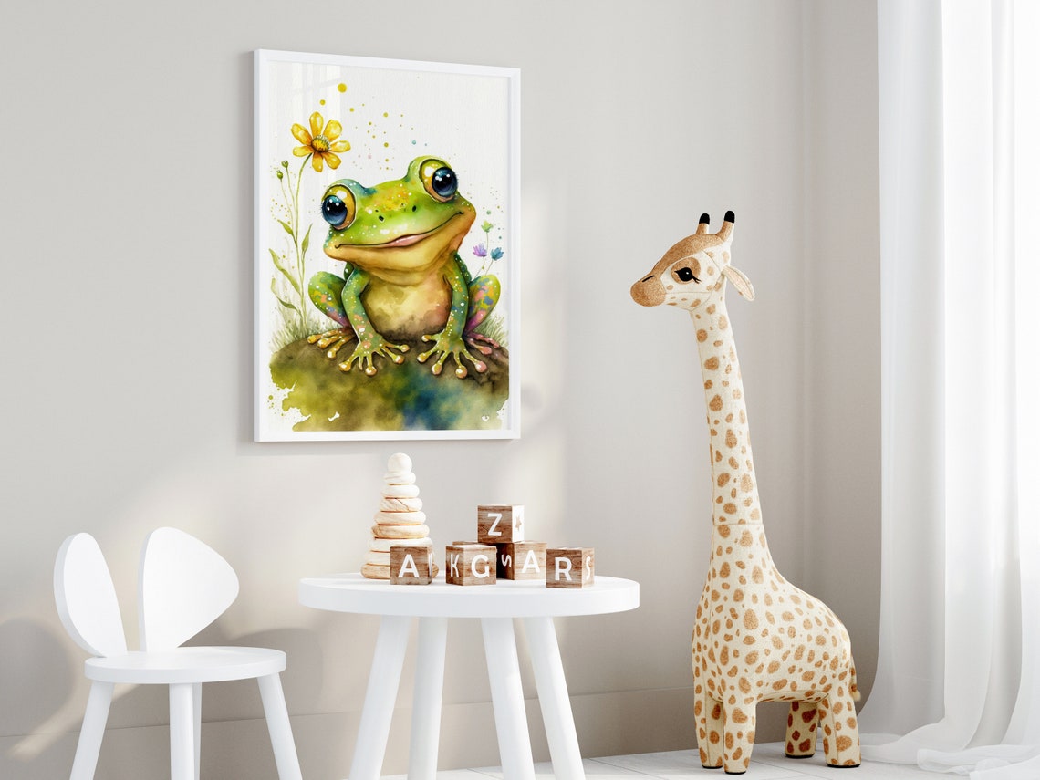 Watercolor Smiling Frog Daisy Cute Nursery Animal Art Poster - Image 3