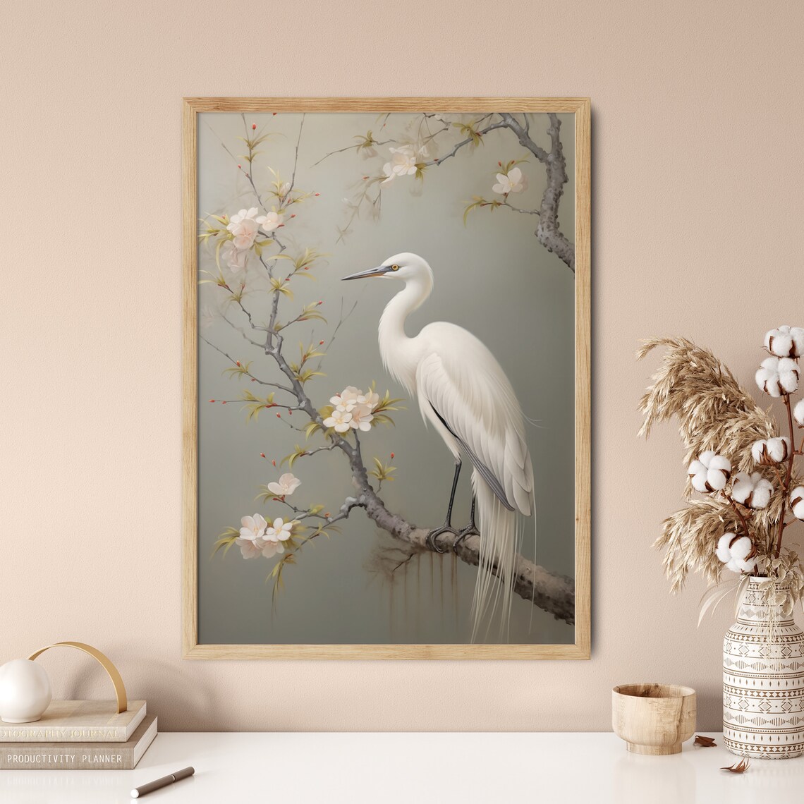 White Egret Blossom Branch Japanese Style Elegant Bird Art Poster - Image 2