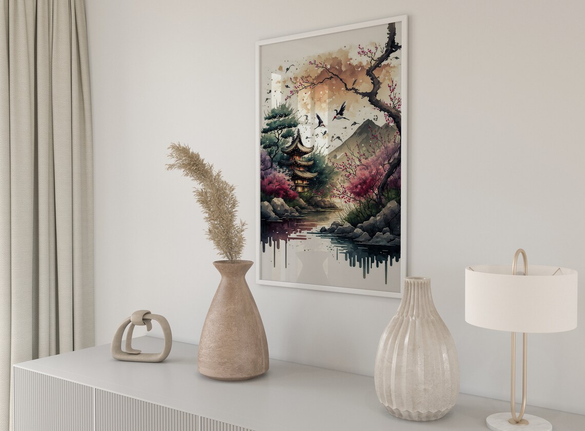 Japanese Pagoda Cherry Blossom Cranes Flying Over Water Poster - Image 5