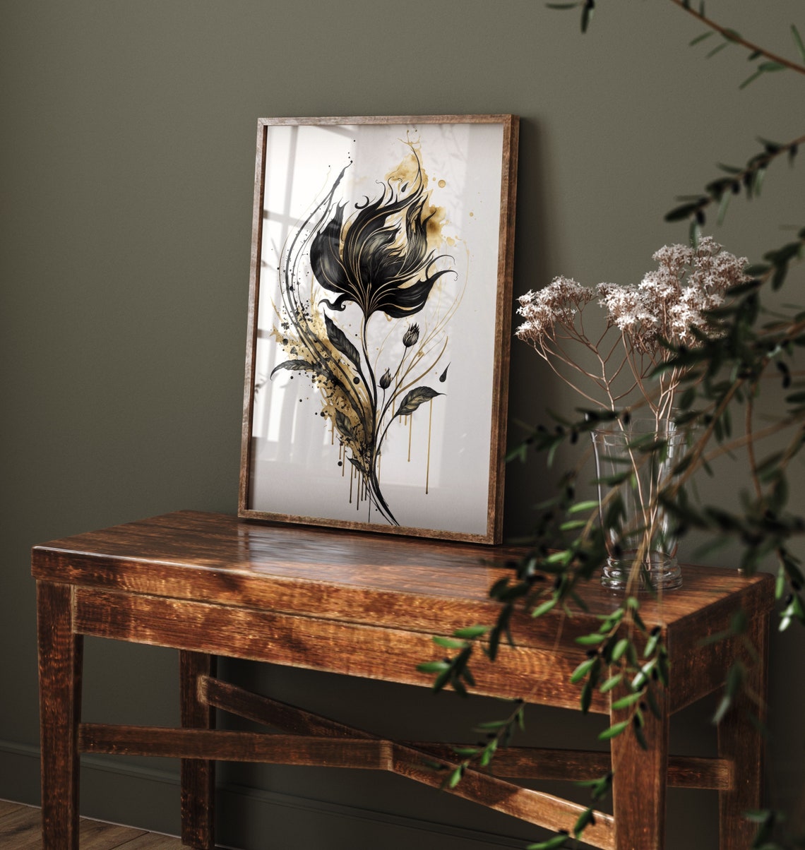 Black And Gold Abstract Flower Ink Splash Modern Artwork Poster - Image 4