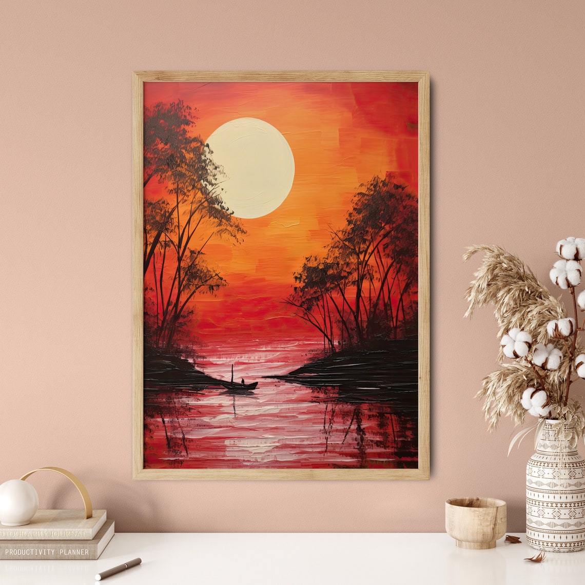 Fiery Red Sunset Lake Black Trees Silhouette Boat Art Poster - Image 5