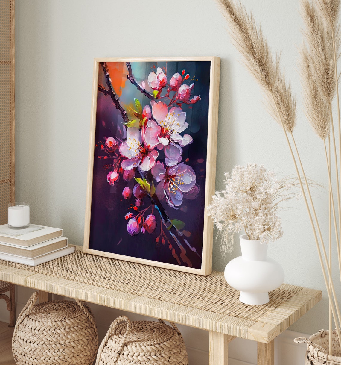 Cherry Blossom Close Up Dark Moody Background Oil Painting Poster - Image 2