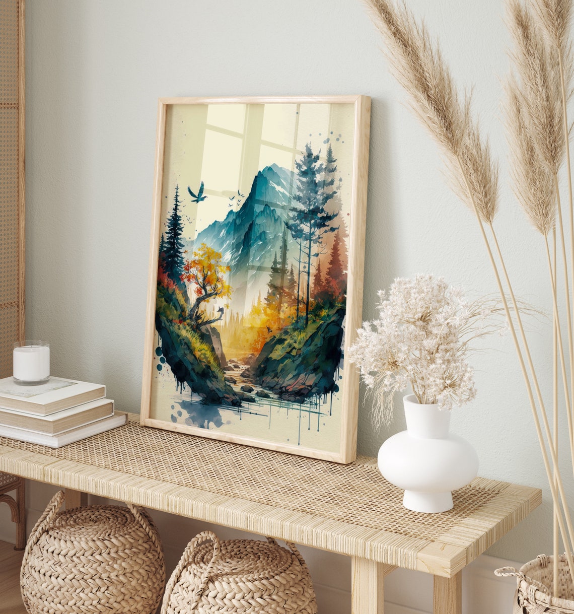 Autumn Mountain Valley River Birds Watercolor Scene Art Poster - Image 2