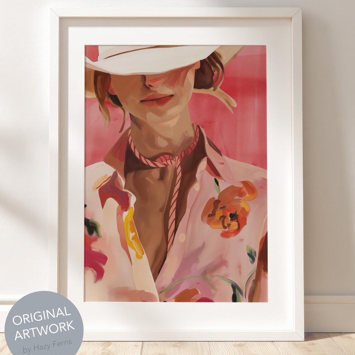 Woman in White Cowboy Hat and Floral Shirt Modern Pink Portrait Poster