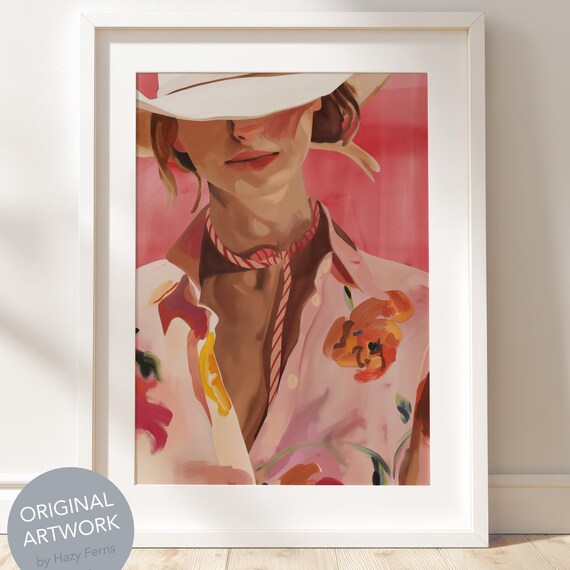 Woman in White Cowboy Hat and Floral Shirt Modern Pink Portrait Poster