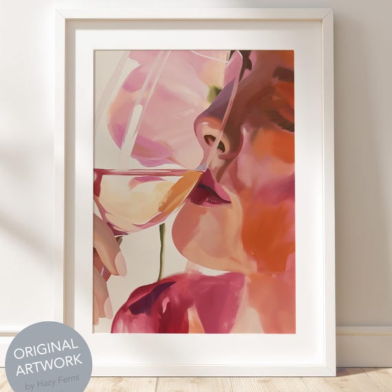 Woman Drinking Wine Art Print, Earthy Rustic Modern Decor