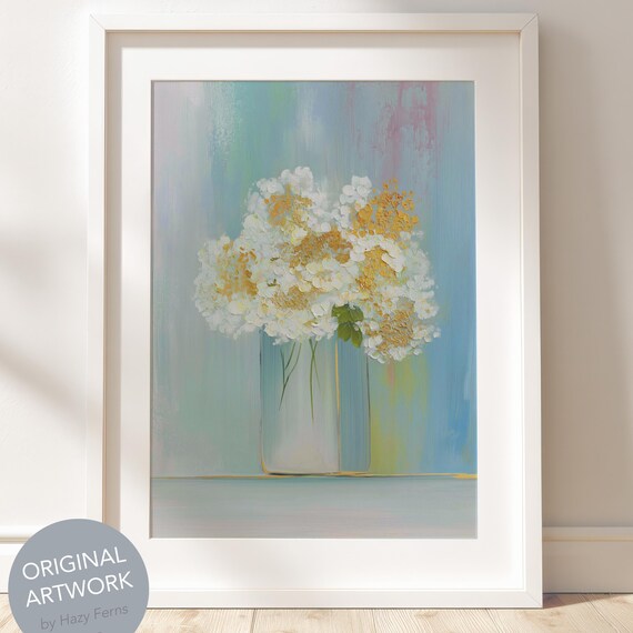 White Hydrangea Vase Pastel Floral Painting Soft Blue Still Life Poster