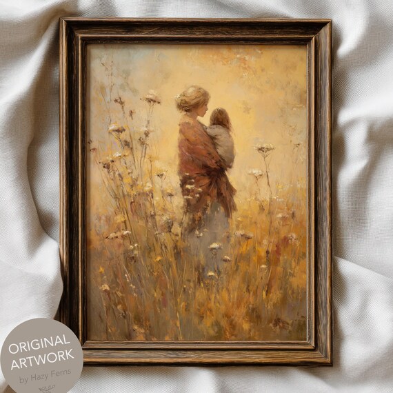 Mother Embracing Child Golden Wheat Field Warm Vintage Print