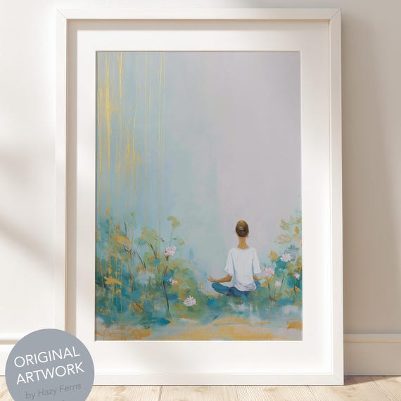 Yoga Garden Scene Woman Meditation Pastel Oil Painting Art Print