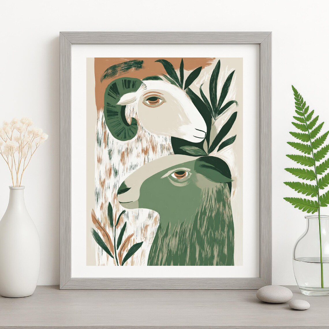 Boho Sheep Wall Art Ram Portrait Green Earthy Gouache Farmhouse Animal Style