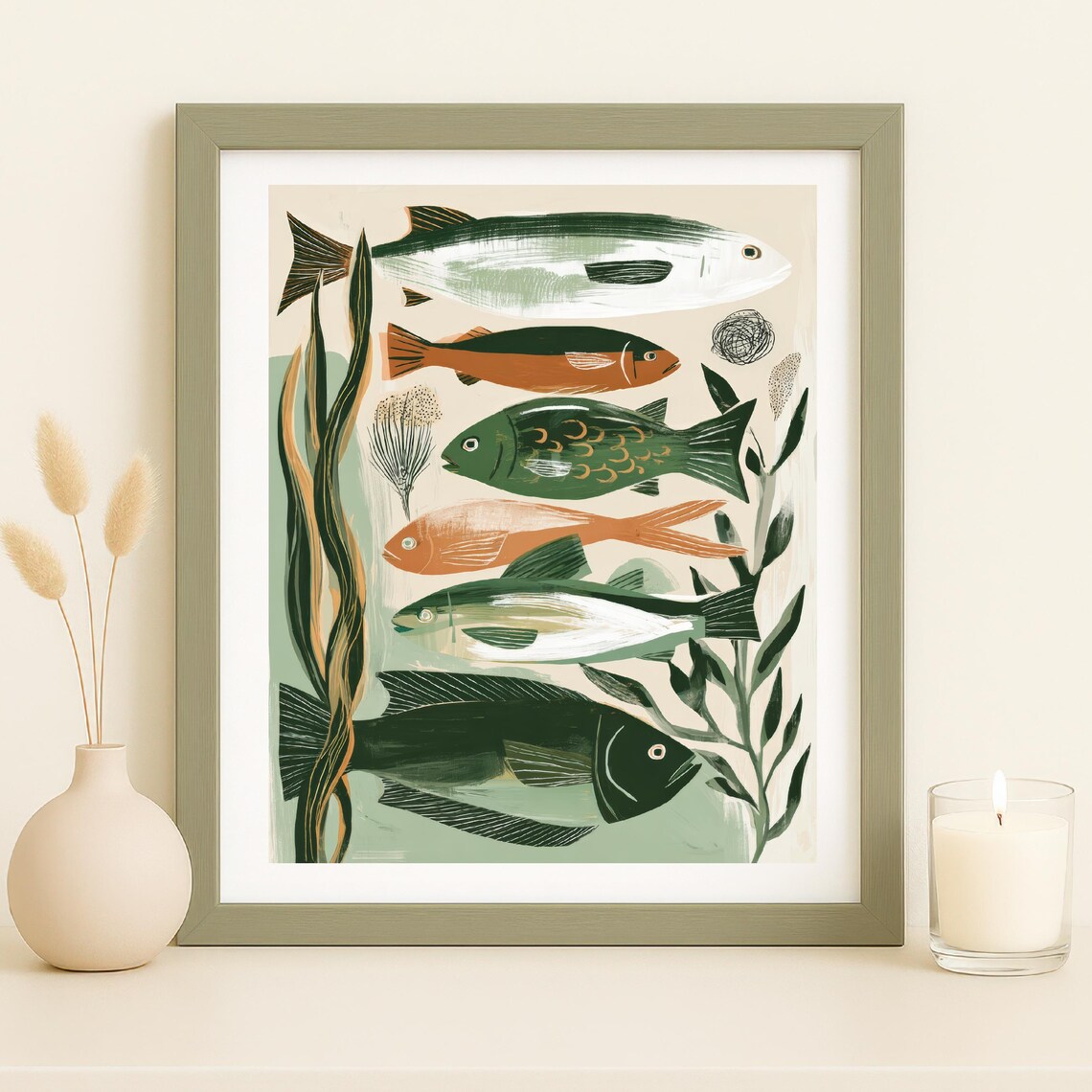 Boho Fish Wall Art Earthy Gouache Six Fish Coastal Illustration Green Tones