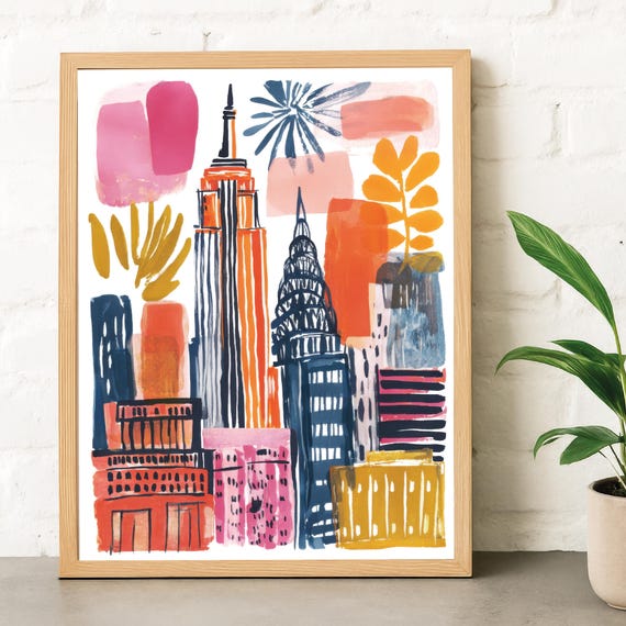 New York City Skyline Print Bold Gouache Abstract Poster Modern Urban Wall Art