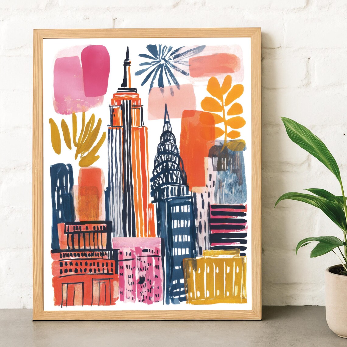 New York City Skyline Abstract Art Poster Bold Gouache Empire State Decor