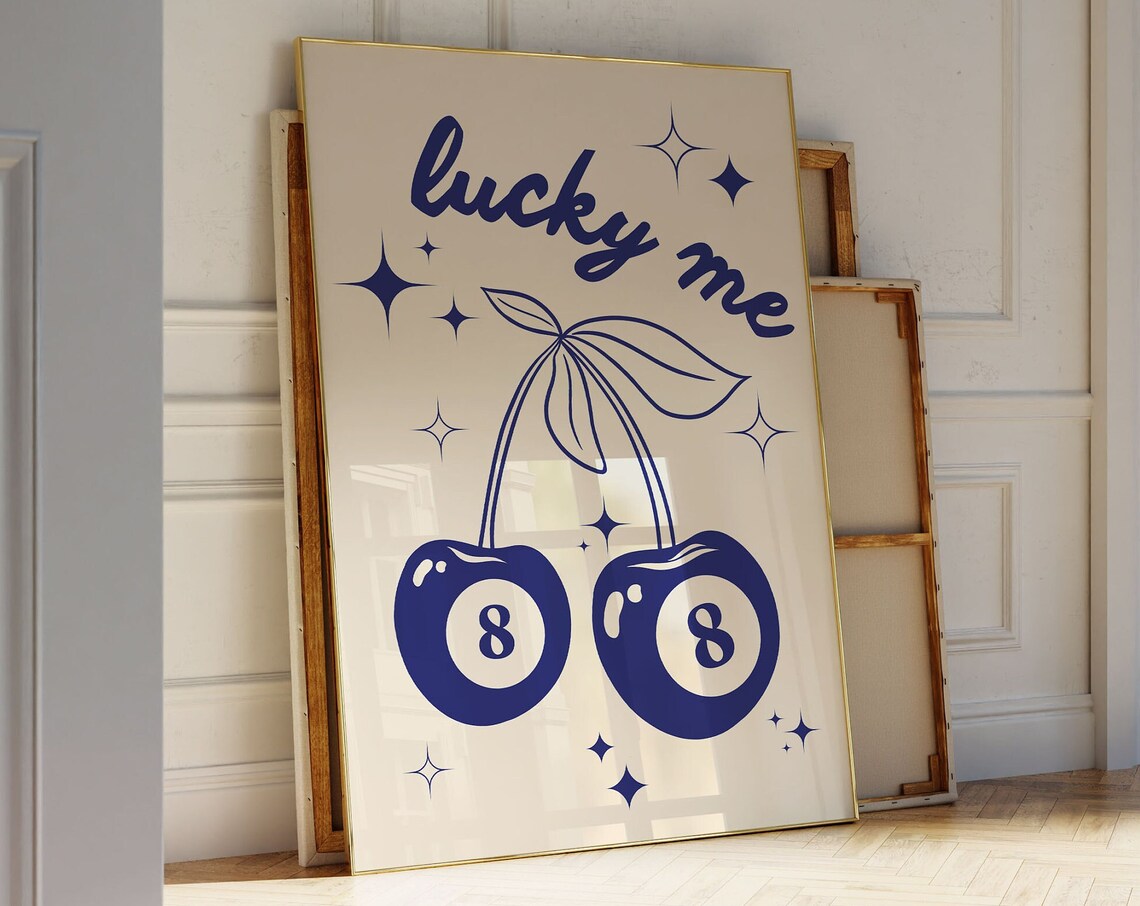 Lucky Me Navy Cherry Eight Ball Retro Trendy Decorative Quote Poster